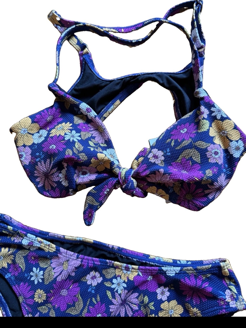 Cupshe Escaping Floral 2 Pc Bikini Set Purple Navy Blue Yellow Strappy Small NWT